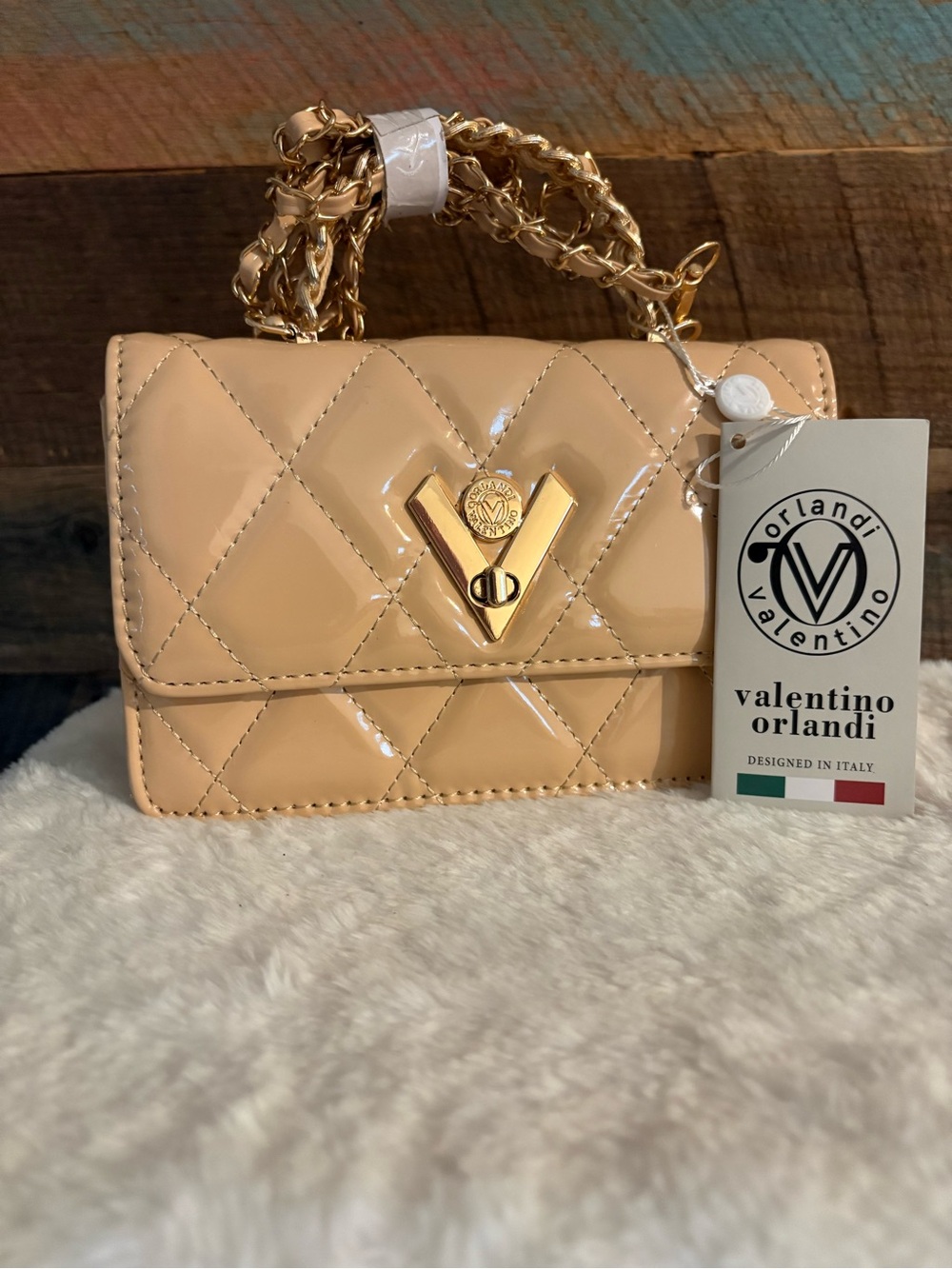 Valentino Orlandi Nude Patent Quilted Mini Bag with Gold Chain